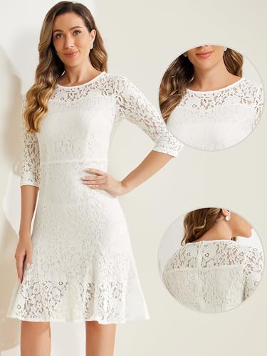 Image of Allegra K Women Elegant Lace Ruffles 3 /4 Sleeves Bodycon Fishtail Dress | Slightly stretchy. Invisible zipper. Floral ruffled hem. Cocktail, Evening, Party, Date. Feminine charm.