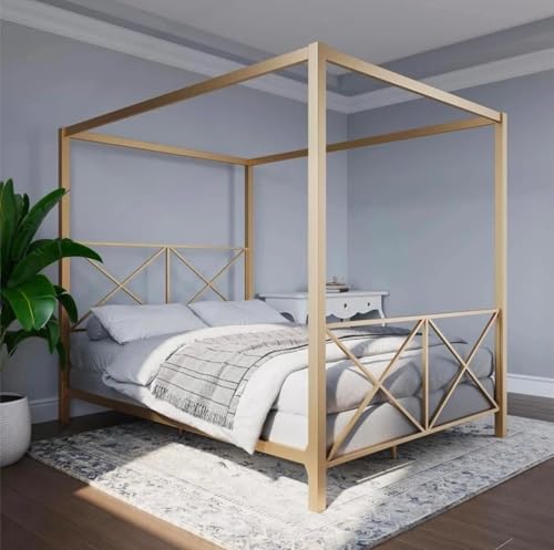 Image of Metal King Size Poster Bed Without Storage | Wrought Iron King Size Canopy Poster Bed Frame with Headboard & Footboard | Cot Without Storage | Metal Furniture for Home, (Design 3-Brown)