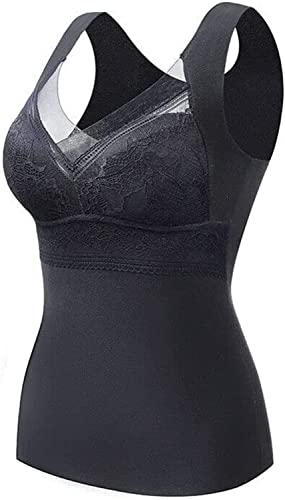 Ropa interior térmica de sujetador 2 en 1, térmica de alto estiramiento con sujetador incorporado, camiseta sin mangas con base cálida forrada para mujer, Negro, XL Cover