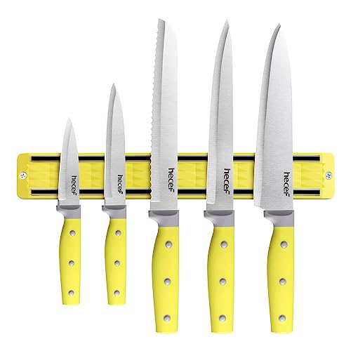 hecef 5-Piece Stainless Steel Knife Collection with Magnetic Holder, Triple-Riveted Yellow Handles for Modern Kitchen Food Prep