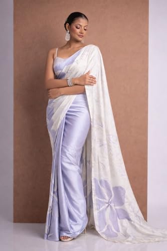 Image of Japan Satin Floral Print Saree for Women with Blouse Piece - Satin Finish Draped Saree