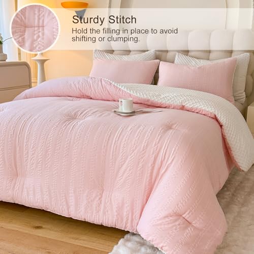 Image of tohrisa Boho Comforter Set Queen Size Striped Pleats Bohemian Seersucker Bedding Set All Season Soft Cozy 3 Pieces Quilt with 2 Pillowcases(90 inchX90 inch Blush Pink)
