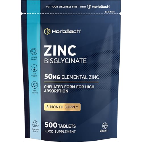 Zinc Tablets 50mg | High Absorption Zinc Bisglycinate | Chelated Form | Immunity Support Supplements | 500 Vegan Tablets | by Horbaach