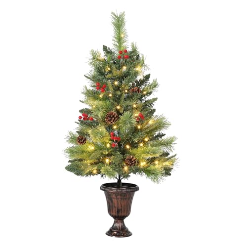 3Ft Christmas Decorations Premium Artificial Christmas Tree Potted Tabletop Set Decorated with Pine Cones & Red Berries, Plug in Desktop Decor Perfect Choice for Home Office