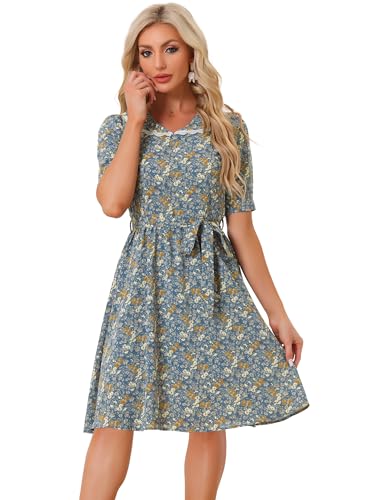 Image of Allegra K Women's Vintage Peter Pan Collar High Waist Flowy Midi Puff Sleeve Floral Dress