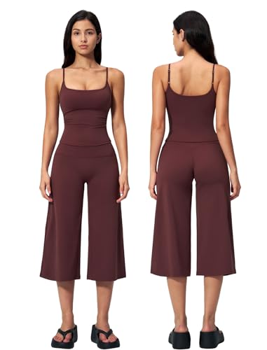 2 Piece Workout Sets for Women Spaghetti Straps U Backless Crop Tank Tops Matching Straight Wide Leg Capri Pants Womens Two Piece Athletic Set Gym Wear Active Yoga Pilates Outfits Burgundy S