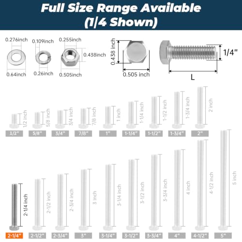 Image of 10 Sets Glvaner 1 /4-20 x 2-1 /4 inch Stainless Steel Hex Head Screws Bolts, Nuts, Flat & Lock Washers, 18-8 (304) Stainless Steel, Full Thread, Coarse Thread