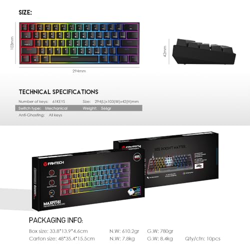 Image of FANTECH MAXFIT61 RGB Wired 60% Mechanical Keyboard, 61 Keys Hot Swappable Type-C Programmable Gaming Keyboard, Blue Switch, Black