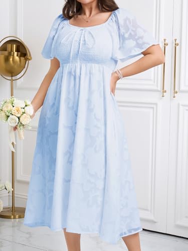 Image of SCOMCHIC Women's Plus Size Formal Dresses Square Neck Short Sleeve Lace Floral Smocked Flowy Long Maxi Wedding Guest Dress