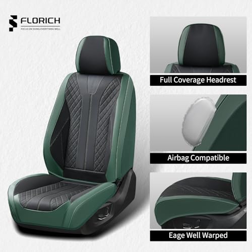 Image of FLORICH Leather Seat Covers Full Set Automotive Car Seat Cover Front and Back Waterproof Auto Seat Covers Full Coverage Car Seat Protector Cushion Universal Fit for Most Cars SUV Trucks, Black&Green
