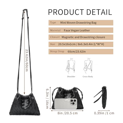 Mini Woven Drawstring Pouch Crossbody Bag for Women PU Leather Small Vintage Dustbag Style Shoulder Bag Purse3