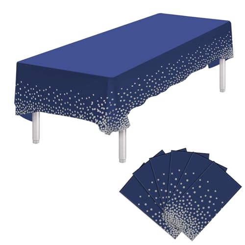 Ammbeetty 6 Packs Blue Silver Disposable Plastic Tablecloths, 54 x 108 Inch