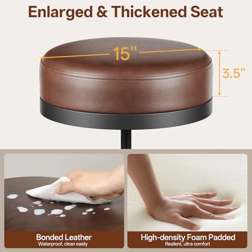 Image of Raynesys 22-29 Inch Adjustable Height Industrial Swivel Bar Stools Set of 2 | Vintage Bar Counter Height Stool with Thicken Premium Bonded Leather Seat & Updated Footrest, Easy Assembly, Brown