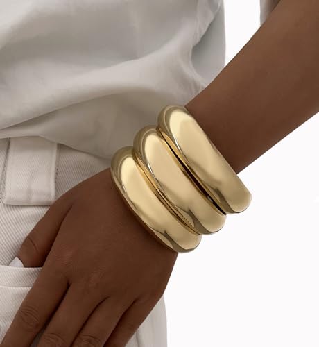 Image of Chunky Gold Bangle Bracelets for Women, Dainty 14k Gold Plated Big Stackable Bangles Set, Trendy Statement Cuff Bracelet Stack Fashion Jewelry Gifts