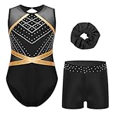 Oyolan Enfant Fille Justaucorps Short Gymnastique Danse Tenue Patinage Artistique Leotard Strass sans Manche Costume B Noir 7 8 ans