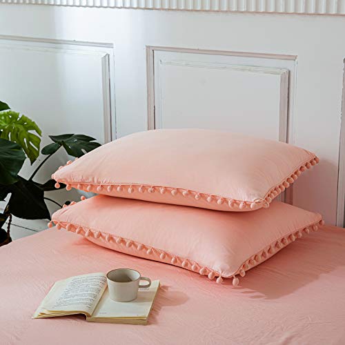 MOVE OVER Pink/Peach Pom Poms Pillow Case, Pink Standard Pillowcases Set of 2, 100% Washed Microfiber, Pink Girls Ball Fringe Pillow Shams, 2 Pack (Standard, Pink/Peach)