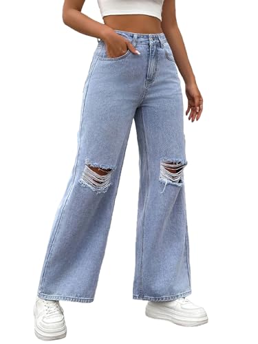 Women's Jeans Mid Waist Distressed Ripped Straight Wide Leg Denim Pants with Pockets Boyfriend Jeans3