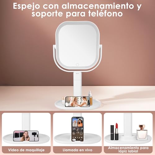 Vankarr Espejo Maquillaje con Luz, 10X/1X Aumento Doble Cara Espejo con Luz Recargable USB, Base Soporte para Móvil Portátil, 360 Giratorio 3 Colores Brillo Regulable - imagen 7