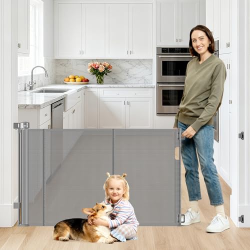 2 Pack Reinforced 55" Wide Retractable Dog Gate with Support Rods, 33" Tall Retractable Baby Gate for Dogs, No Sag and Wrinkle Mesh Child Gates for Doorways, Indoor Pet Barrier Stair Gates for Kids