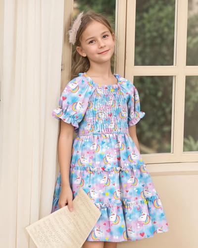 LQSZ Girls Summer Smocked Dress Short Sleeve Ruffle Dresses Casaul Printed A-line Sundress for Toddler 3-12 Years4