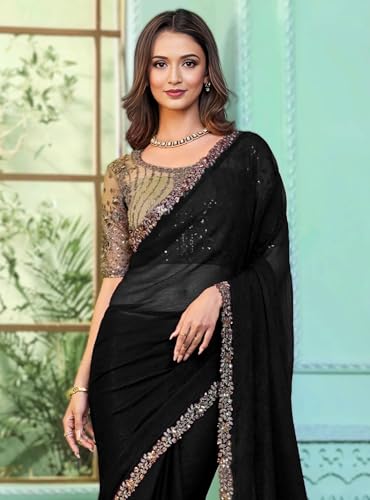Image of Women's Bollywood Heavy Sequins Embroidery Work Georgette Saree with Unstitched Blouse