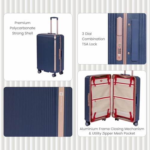 Image of SWISS MILITARY Polycarbonate Hamilton 4 Wheels 75cm Trolley Luggage, Hard Case 360 Rotatable Wheels, Zipper Less, TSA Lock, Aluminium Frame & Push Button Trolley Suitcase for Travel, Large Navy 123L
