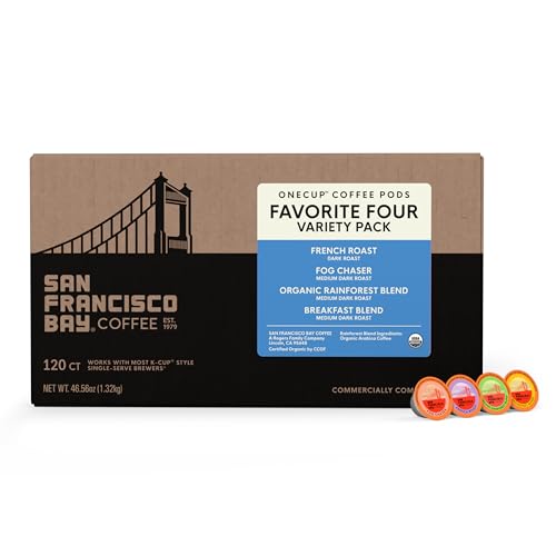 Image of San Francisco Bay K-Cup Coffee Pods Favorite Four Variety Pack (120 ct), Includes French Roast, Fog Chaser, Organic Rainforest, & Breakfast Blend, Commercially Compostable Single-Serve Coffee Pods