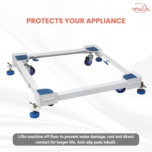 Image of SoraChi Adjustable Iron Washing Machine Stand with Wheels | Elevates Appliances to Prevent Water Damage & Reduce Vibrations | Universal Fit for Washers & Refrigerators (Blue)