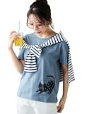 [ニッセン] Tシャツ・カットソー レディース 綿１００％ プリントTシャツ 接触冷感 UVカット 選べる柄 大きいサイズ有 黒ネコ・ソフトブルー L