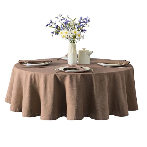Home Bargains Plus Brittany Hemstitch Chestnut Brown 70 Inch Cotton Tablecloth – Round Fabric Table Cover, Solid Color, Machine Washable, for Indoor and Outdoor Dining