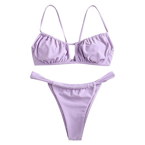 ZAFUL Women's Elastic Strap Ruched Tie Front High Cut Bandeau Bikini Set Swimsuit (A-Lavender Blue, S)