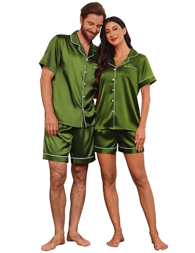 Image of Ekouaer Couple Matching Pajamas Sets Silk Short Sleeve Button Down Sleepwear Satin Pjs Shorts Set Soft Loungewear S-XXL
