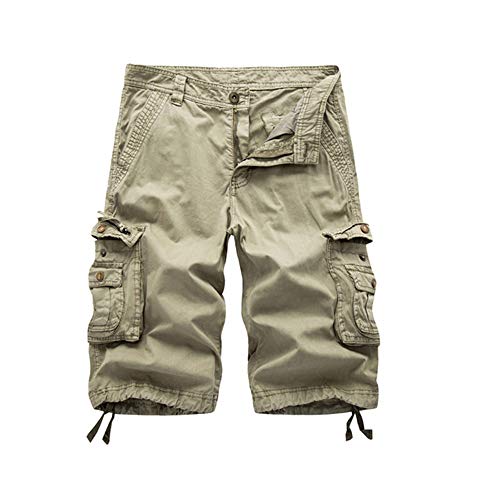 Osmyzcp Mens Casual Loose Fit Cargo Shorts Straight Multi Pocket Cotton Outdoor Short Khaki 36