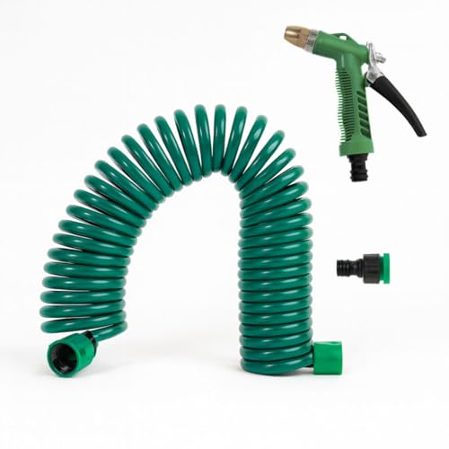 Manguera Espiral de Jardín 7,5m EVA | Flexible y Compacta | Incluye Pistola Lanza de Riego y Conector Universal | Verde Resistente y Fácil de Guardar