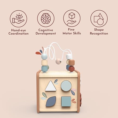 Image of Speedy Monkey 5-in-1 Activity Cube, Educational Wooden Toy with Bead Maze, Shape Sorter, Gears, Puzzle & More, Develops Social, Communication & Numeracy Skills, Non-Toxic Paint, Ideal for Kids | bead maze, shape sorter, gears, puzzle, 5-in-1 cube, montessori toys, multi-activity fine motor play, cognitive, creative