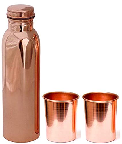 TreegoArt Botella de agua de cobre puro de 1 litro con 2 vasos de cobre de regalo (botella de 1000...