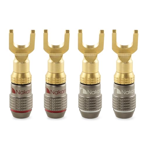 Nakamichi FanLock Excel Series 24k Gold Plated Spade Connector Banana Plug 10 AWG - 18 AWG Gauge Size 4mm for Speakers Amplifier Hi-Fi Home Theatre Wire Cable Quick Connector, 4 Pcs (2-Pairs)