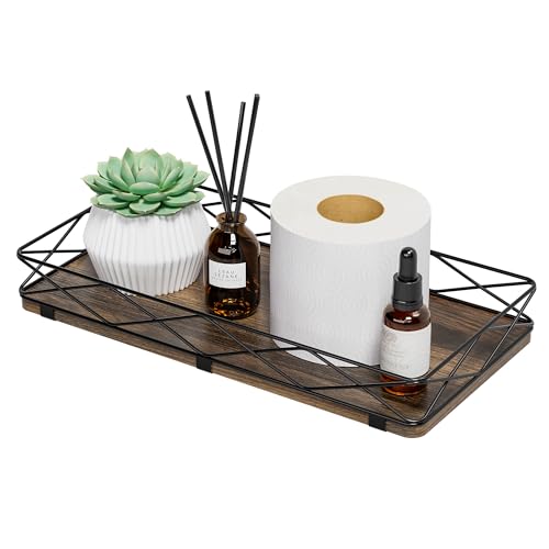 Lixple Toilet Paper Basket Holder, 13' Toilet Tank Tray, Wood and Metal Toilet Tray Vanity Organizer Bathroom Tray, Kitchen Sink Organizer for Soap Dispenser (Brown+Black)