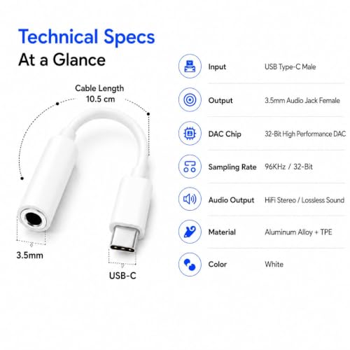 Image of Elebase Type C to 3.5 mm Audio Jack Connector with DAC Headphone Converter Adapter Compatible with iPhone 15 Pro Max /15 Pro /15 Plus, Galaxy S23 /S22 /S21 /S208 & Other Type C Phones