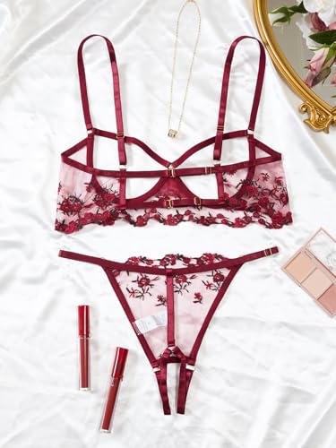 Image of Lilosy Sexy Underwire Floral Lace Sheer Lingerie Set for Women See Through Bra and Panty 2 Piece