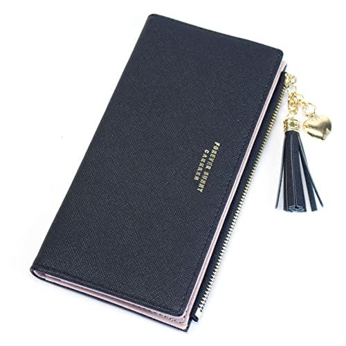 Image of SUMGOGO Wallets for Women Slim Clutch Purse Handbag Card Holder Womens Long Tassel Zipper Pocket Fashion Taiga Leather Billfold Wallet (Black)