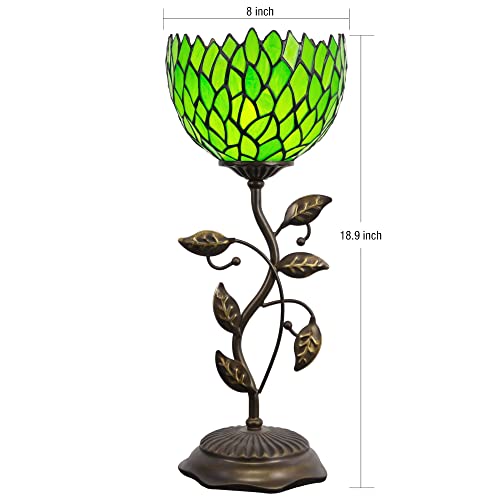 Rhlamps Small Tiffany Lamp W8H19 Inch Green Wisteria Style Mini Stained Glass Table Lamp Bronze Metal Leaf Base Desk Torchiere Uplight Decor Living Room Bedroom #TOP1