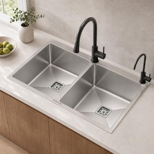 Image of Kitchen Sink 37x18x10 Inch Double Bowl Tap Hole 304 Stainless Steel Handmade Sink for Kitchen Basin Brushed Matte Finish Including Coupling Fruit Tray Hose Pipe Kitchen Sinks