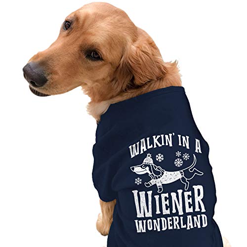 Christmas Dog Shirt – Walkin in a Wiener Wonderland Funny Holiday Tee – Soft Cotton Pet Clothes for Small to Extra Large Breeds – Dogs Apparel for Winter Photoshoots Navy, M