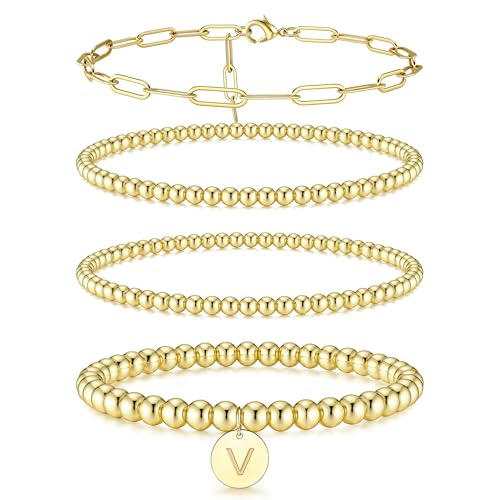 Image of KRFY Gold Initial Bracelets for Women Teen Girls Non Tarnish, Stainless Steel 14K Gold Plated Beaded V Initial Bracelets, Elastic Gold Bead Stretch Bracelets Stack, Stackable Letter Charm Bracelets
