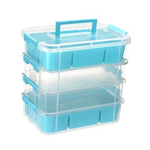 BTSKY 4-Layer Plastic Craft Storage Container with 2 Removable Tray, Stackable Art & Craft Supply Storage Organizer Multipurpose Portable Sewing Box for Bead Tool Office Supplies-10.2″x7.1″x9.9″,Blue