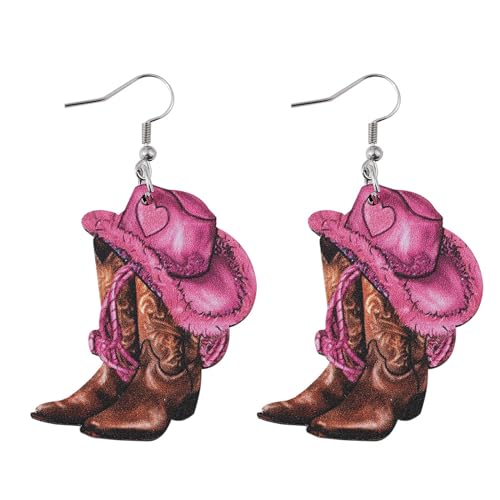 Pink Cowboy Cowgirl Hat Boots Earrings for Women Double-sided Wood Dangle Western Earrings Jewelry Accessories for Cosplay Costume Halloween Party Decorations