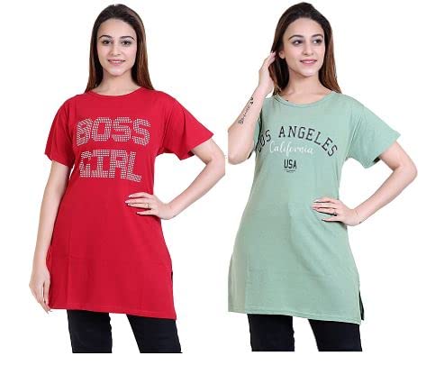 Image of New Crush Women Cotton Printed Regular Fit T-Shirts /Top /Long Night Wear T-Shirt for Women's & Girls (Pack of 2)