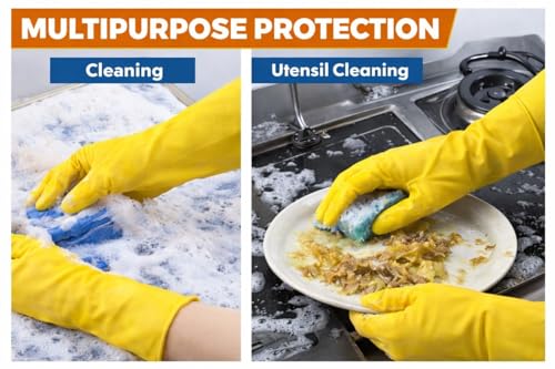 Image of LADWA Premium Rubber Household Cleaning Gloves, Yellow and Red Color Reusable Waterproof Gloves for Kitchen Cleaning, Dishwashing, Gardening and Bathroom Use with Strong Grip (Pack of 10 Pairs)