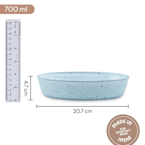 Image of Borosil 700 ml Baking & Serving Oval Shape Dish | Borosilicate Glass Bakeware and Serveware Tray | Microwave, Oven & Dishwasher Safe Bowl | Transparent Container (Blue)